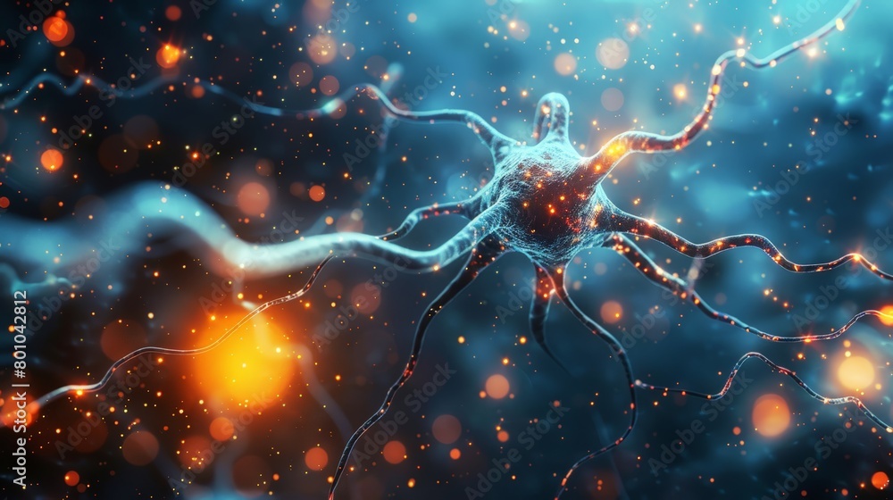 A neuron is shown in a blurry, glowing image A neuron is shown in a blurry, glowing image