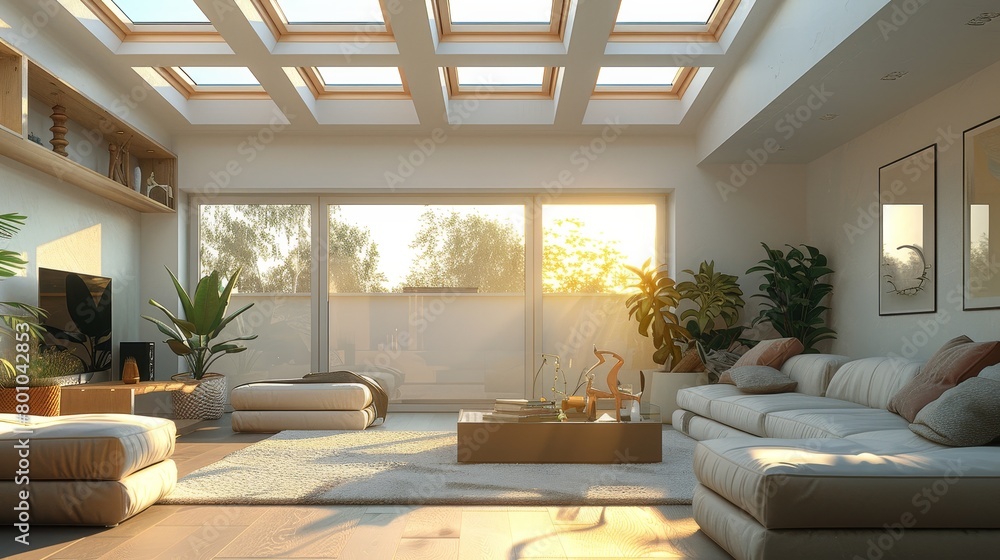 Natural Light Skylights: A 3D illustration highlighting a living room with skylights