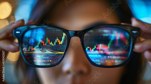 A woman is looking at a computer screen with a pair of glasses on