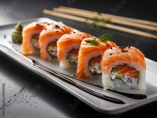 Philadelphia roll sushi with salmon, prawn, avocado, cream cheese. Sushi menu. Japanese food.