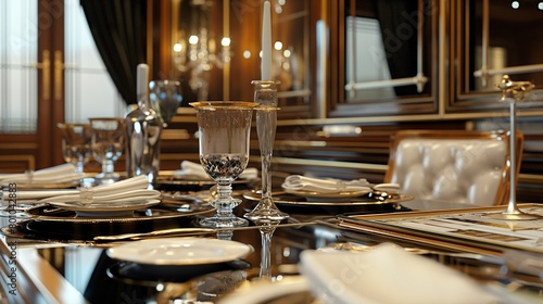 A Dining Table Setting With Plates And Candles.