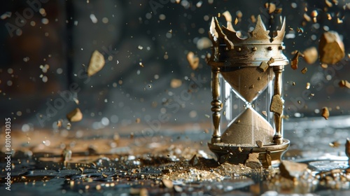 A broken hourglass with its sand forming a crown, signifying the mastery of time