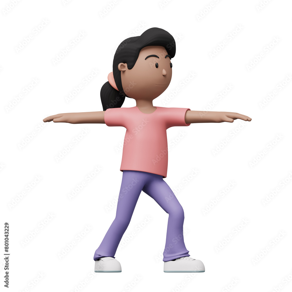 A cartoon woman is doing a exercise and yoga pose. 3d render