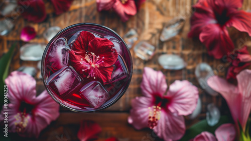  wooden setting enticing hibiscus tea with ice cubes and roselle flowers top view  photo