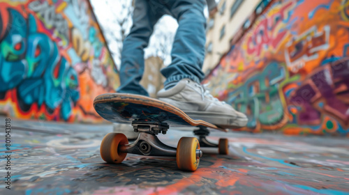 A person riding a skateboard with a graffiti wall background captured from a low angle view, blending urban culture and street art.