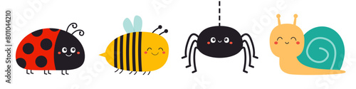 Bee bumblebee, snail cochlea, spider web, lady bug ladybird flying insect icon set line. Cute cartoon kawaii funny baby character. Ladybug. Happy Valentines Day. Flat design. White background. Vector