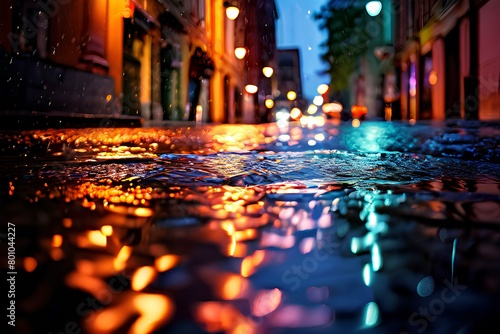 In a city after the rain, the water on the streets is shining with colorful light. © R-CHUN