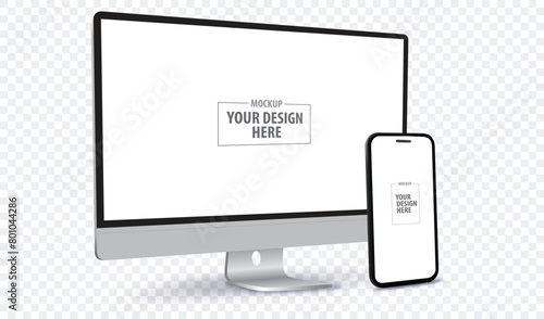 Desktop Computer and Mobile Phone Screen Perspective View Mockup. Digital devices template vector illustration with transparent background.
