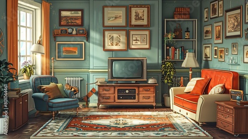 Vintage Living Room Retro Collection: An illustration featuring a vintage living room with a retro collection of furniture photo