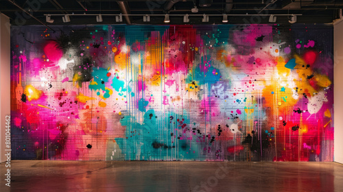Abstract mural with distorted figures and neon splashes in a urban setting, a visual representation of modernity and creativity.
