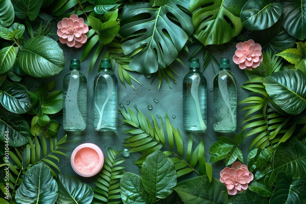 Obraz premium top-view flatlays of skincare products crafted from natural ingredients, adorned with leaves and other elements from nature.
