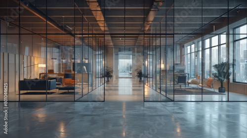 Modern office space with glass partitions promoting transparency and collaboration.