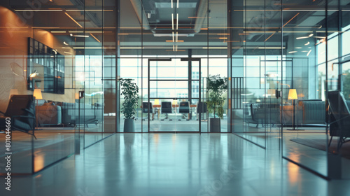 Modern office layout with glass partitions for transparency and openness, promoting collaboration and communication among employees.