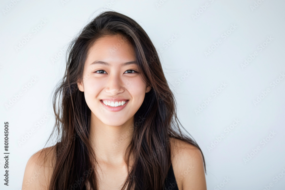 Beautiful studio portrait of young, stylish asian woman, long hair, smiling and looking at camera with confidence on white background Beautiful studio portrait of young, stylish asian woman, long hair, smiling and looking at camera with confidence on white background