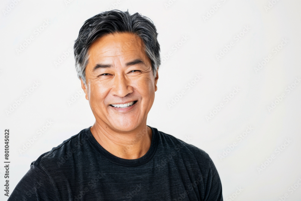 Portrait of old healthy, cheerful handsome middle aged Asian man smiling and looking at camera with white background. Happy aging society, retirement, teeth, health and senior healthcare concept