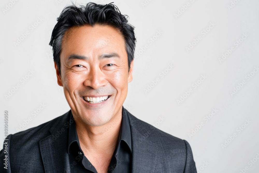 Portrait of old healthy, cheerful handsome middle aged Asian man smiling and looking at camera with white background. Happy aging society, retirement, teeth, health and senior healthcare concept