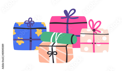 Holiday gift boxes wrapped in decorative festive paper wrapping, tied with bows. Many presents, surprise packages for birthday, Christmas. Flat vector illustration isolated on white background
