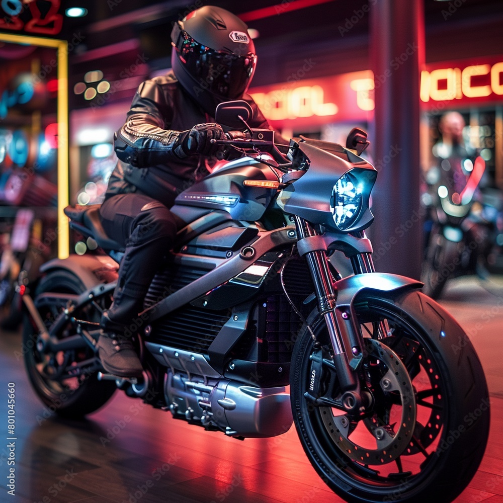 Motorcycle dealership offering virtual reality tours of bikes and crypto payment options, futuristic shopping experience