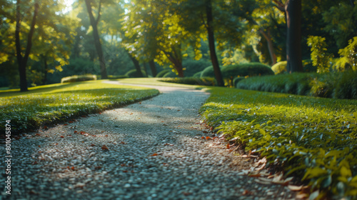 Tranquil and peaceful public park with an empty winding path captured from a low angle, showcasing serene surroundings.