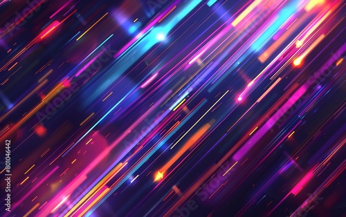 Abstract background with colorful light lines and speed effect on black backdrop Digital art design for banner, poster or cover in the style of cyberpunk Vector illustration 8k, real natural colors, b