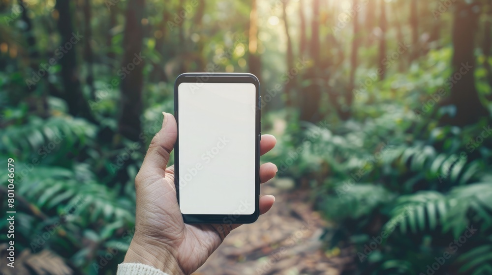 Mockup image of a person hand holding mobile phone with blank white screen