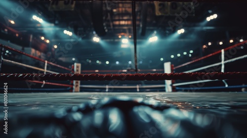 An empty boxing ring from the perspective of a boxer ready to fight