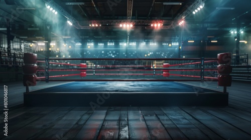 An empty boxing ring in a large arena with bright spotlights illuminating the ring from above. photo