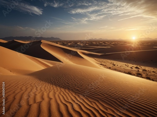 Stunning Realistic Desert LandscapeMajestic Sand Dunes at Sunset photo