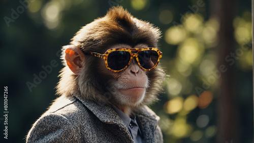 oto of a monkey wearing sunglasses and a suit.This is a ph photo