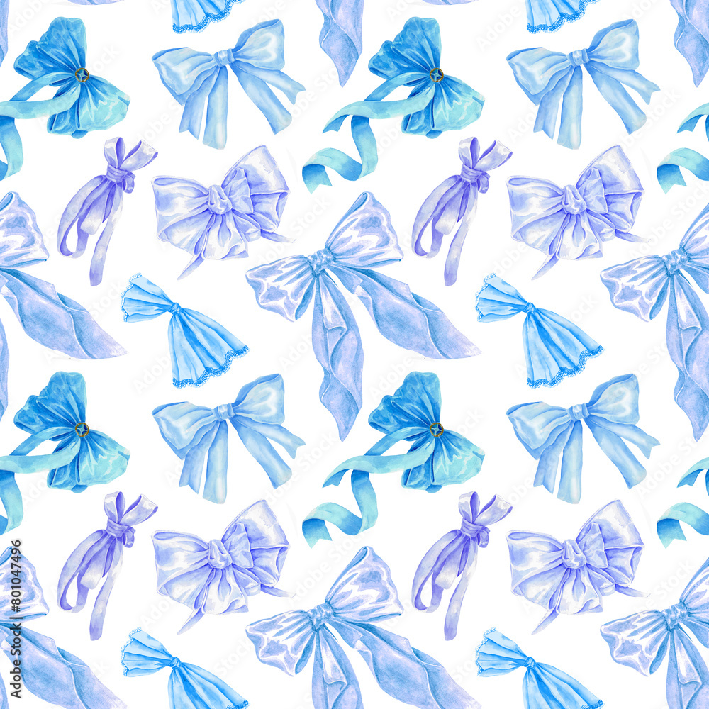 A seamless pattern with watercolor blue bows, their soft hues and delicate details creating an elegant composition against the white background. The design incorporates cool blues and pastel purples