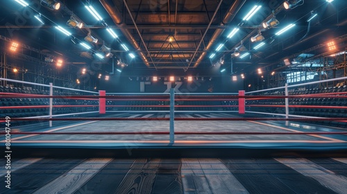 An empty boxing ring with bright lights in a large arena.