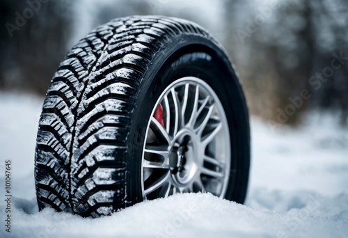 Close-up of a snow-covered tire on the road, AI-generated.