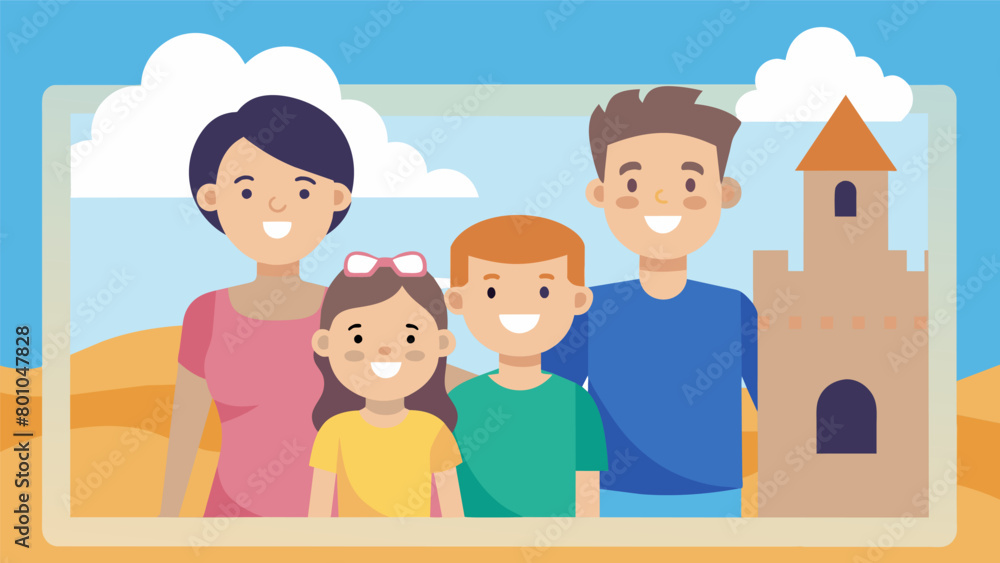 Family photos taken in front of the sandcastles capturing the memories and pride of the day.. Vector illustration Family photos taken in front of the sandcastles capturing the memories and pride of the day.. Vector illustration