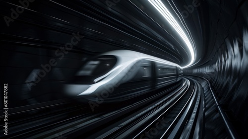 A white subway train speeds through a dimly lit underground tunnel