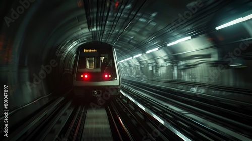 A subway train speeds through a dark tunnel, as captured from a midlevel angle in this commercial photograph