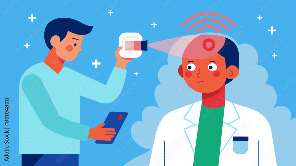 A doctor holds up a small wireless device to a patients forehead using infrared technology to scan for increased flow and inflammatory markers which. A doctor holds up a small wireless device to a patients forehead using infrared technology to scan for increased flow and inflammatory markers which.