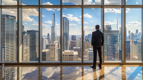 Wealthy businessman standing by floor-to-ceiling window, looking out at city skyline photo
