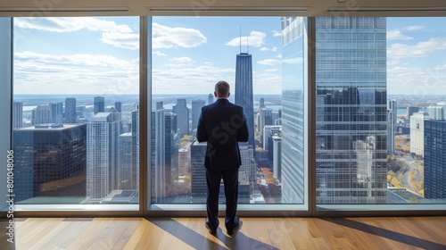 A wealthy businessman stands in front of a floor-to-ceiling window, gazing out at the bustling city skyline
