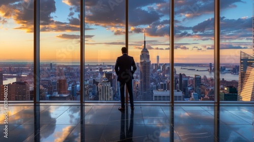 A wealthy businessman stands contemplatively in front of a floor-to-ceiling window, looking out over the city skyline