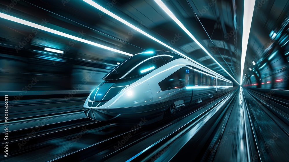 A futuristic subway train speeds through a tunnel in a dramatic shot