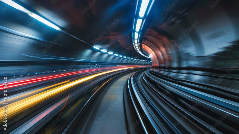 A dynamic shot of a subway train speeding through a dark tunnel, captured from a low angle, showcasing motion blur and tunnel lights
