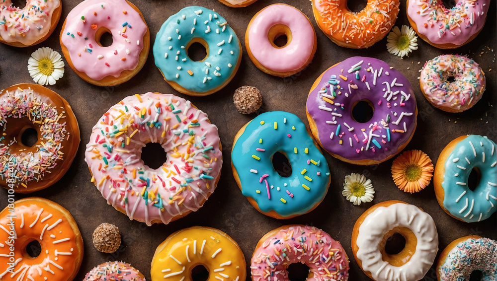 Delicious doughnuts with sprinkles on white light background Delicious doughnuts with sprinkles on white light background