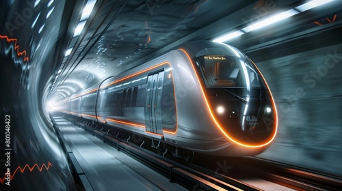 A futuristic subway train speeds through a tunnel in a dramatic angle