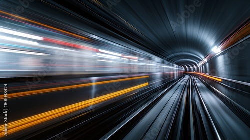Long exposure shot of a subway train rushing through the dimly lit tunnel, showcasing motion blur and dynamic energy