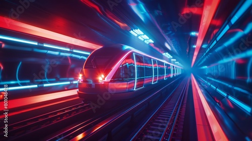 A subway train rushes through a tunnel illuminated by neon lights, creating a futuristic and dynamic scene