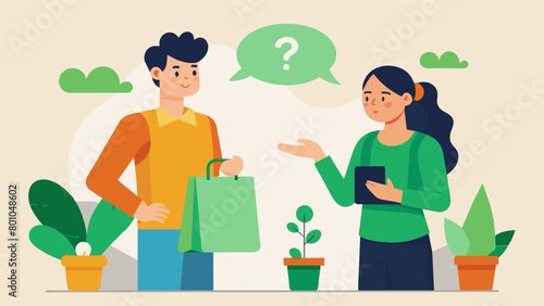 A shopper asking the salesperson questions about the sustainability practices of a company before deciding to make a purchase from them.