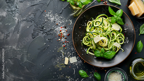 Plate with tasty zucchini pasta and cheese on table