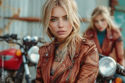 A stylish tattooed biker woman poses in front of motorcycles, showcasing confidence and edgy fashion