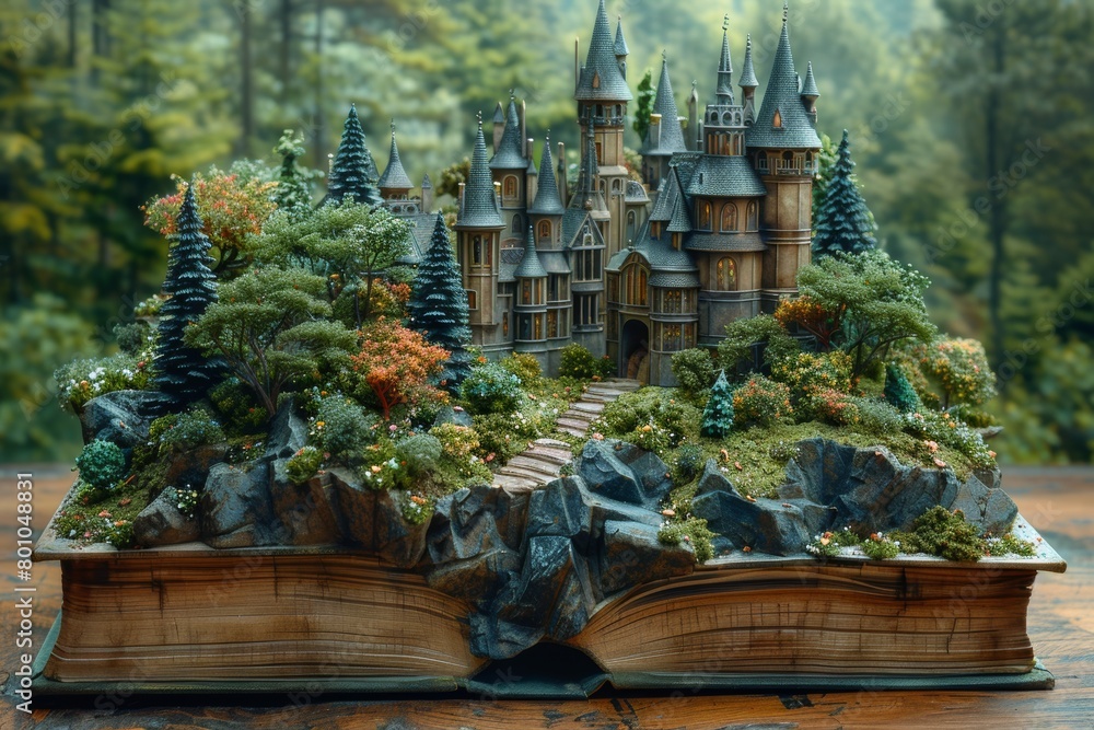 An open fantasy novel rests on a wooden table, surrounded by miniature castles nestled amidst lush green leaves and forest trees. An open fantasy novel rests on a wooden table, surrounded by miniature castles nestled amidst lush green leaves and forest trees.