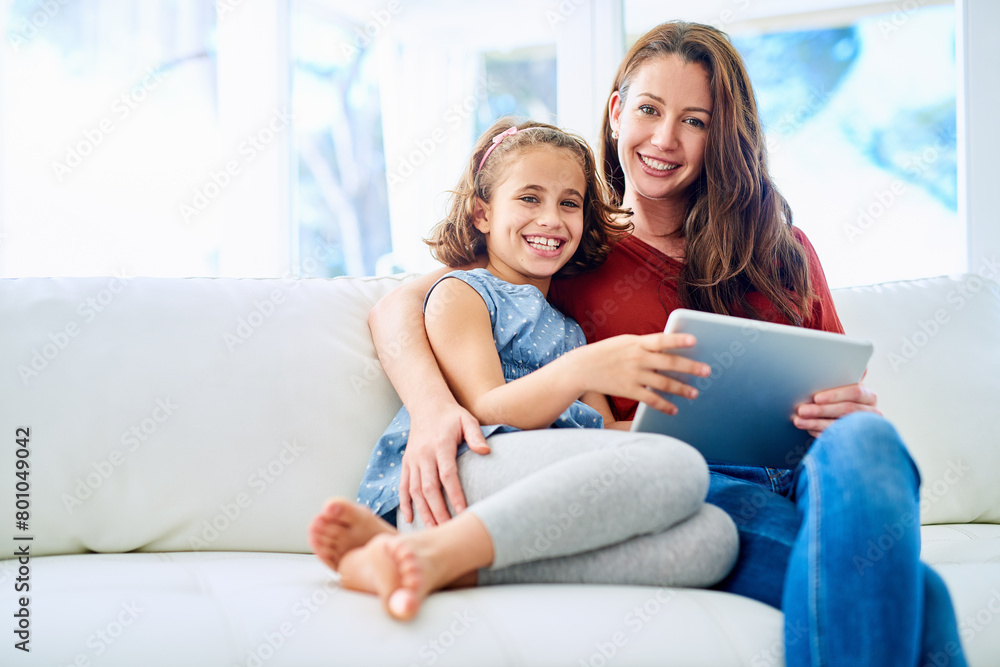 Family, portrait of mother and daughter with tablet on sofa in living room of home for education or growth. Children, education or learning with woman parent and girl kid in apartment for love